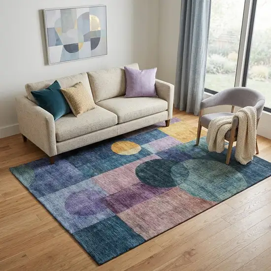 Blue Purple And Gold Geometric Washable Area Rug With UV Protection Photo 1