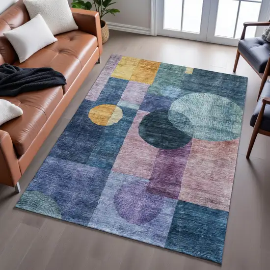 Blue Purple And Gold Geometric Washable Area Rug With UV Protection Photo 4