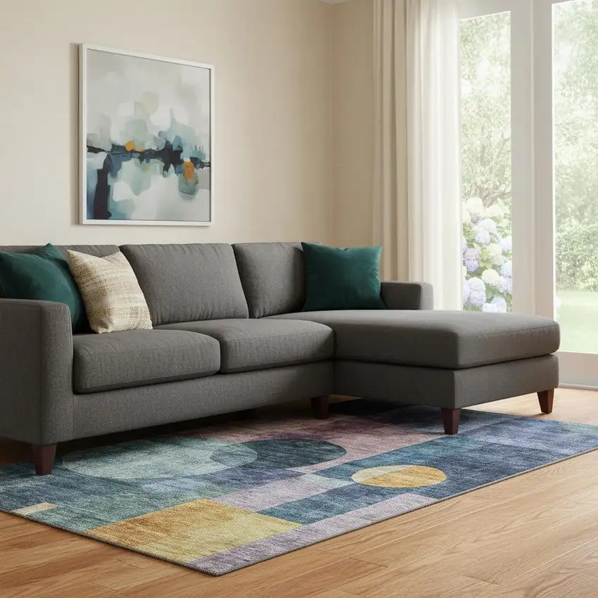 Blue Purple And Gold Geometric Washable Area Rug With UV Protection Photo 2