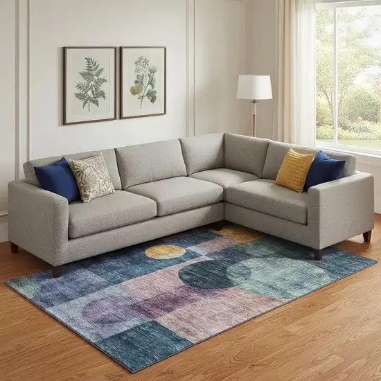 Blue Purple And Gold Geometric Washable Area Rug With UV Protection Photo 2