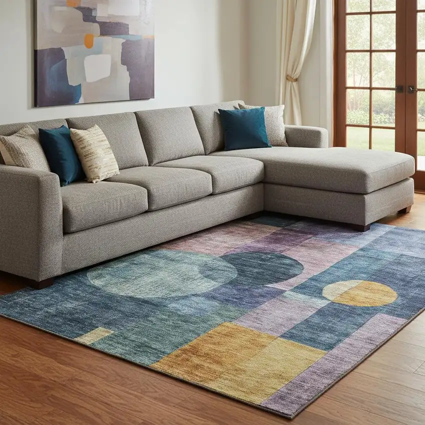 Blue Purple And Gold Geometric Washable Area Rug With UV Protection Photo 2