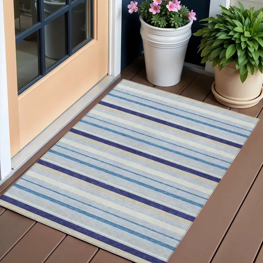 Blue Purple And Gray Striped Washable Indoor Outdoor Area Rug Photo 1