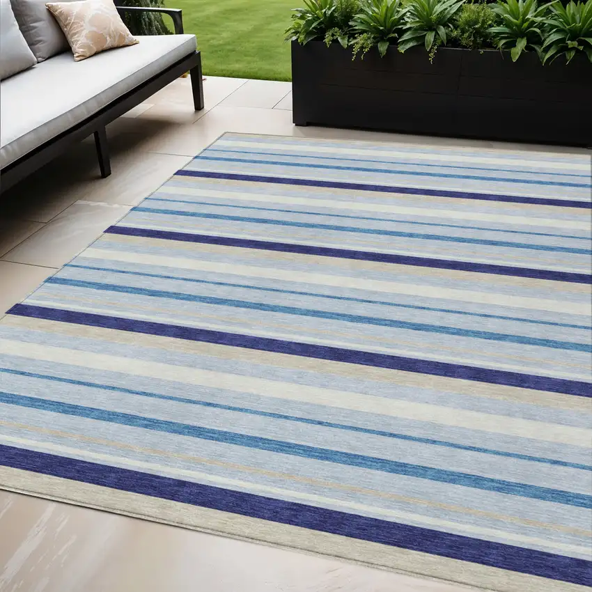 Blue Purple And Gray Striped Washable Indoor Outdoor Area Rug Photo 1