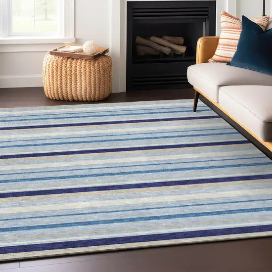 Blue Purple And Gray Striped Washable Indoor Outdoor Area Rug Photo 9