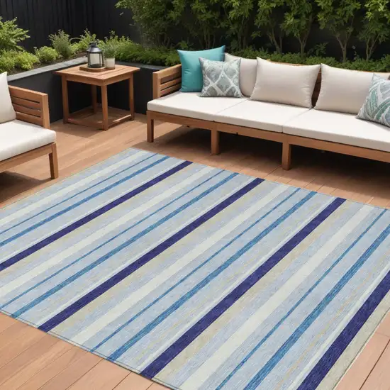 Blue Purple And Gray Striped Washable Indoor Outdoor Area Rug Photo 1