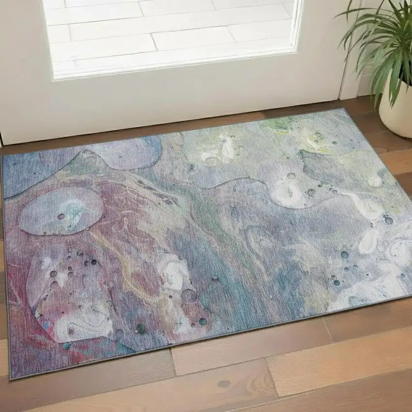 Blue Purple And Green Abstract Washable Area Rug With UV Protection Photo 2