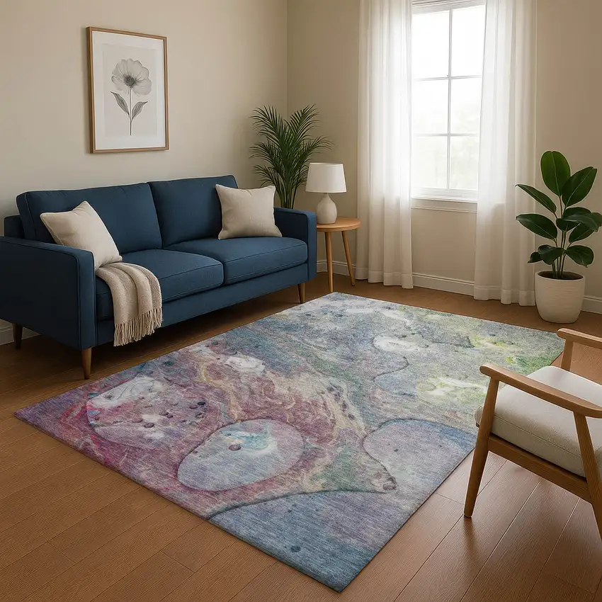 Blue Purple And Green Abstract Washable Area Rug With UV Protection Photo 5