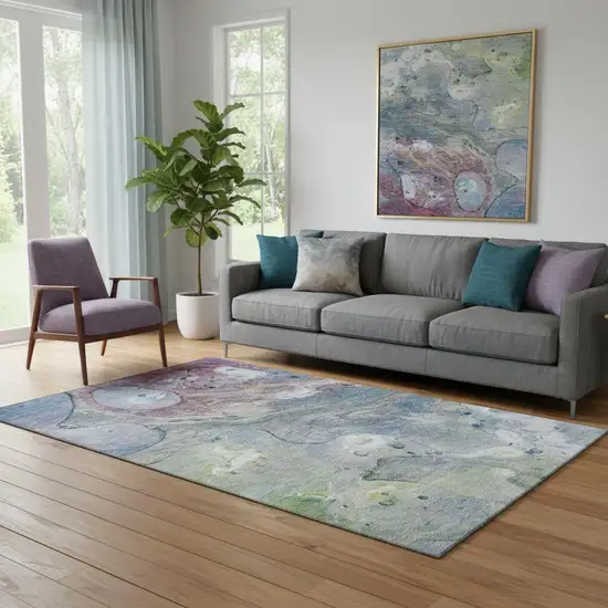 Blue Purple And Green Abstract Washable Area Rug With UV Protection Photo 2