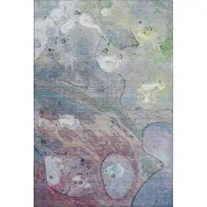 Photo of Blue Purple And Green Abstract Washable Area Rug With UV Protection