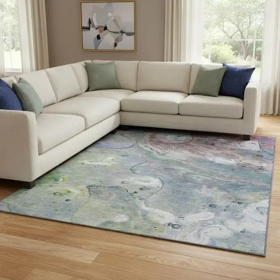 Blue Purple And Green Abstract Washable Area Rug With UV Protection Photo 2