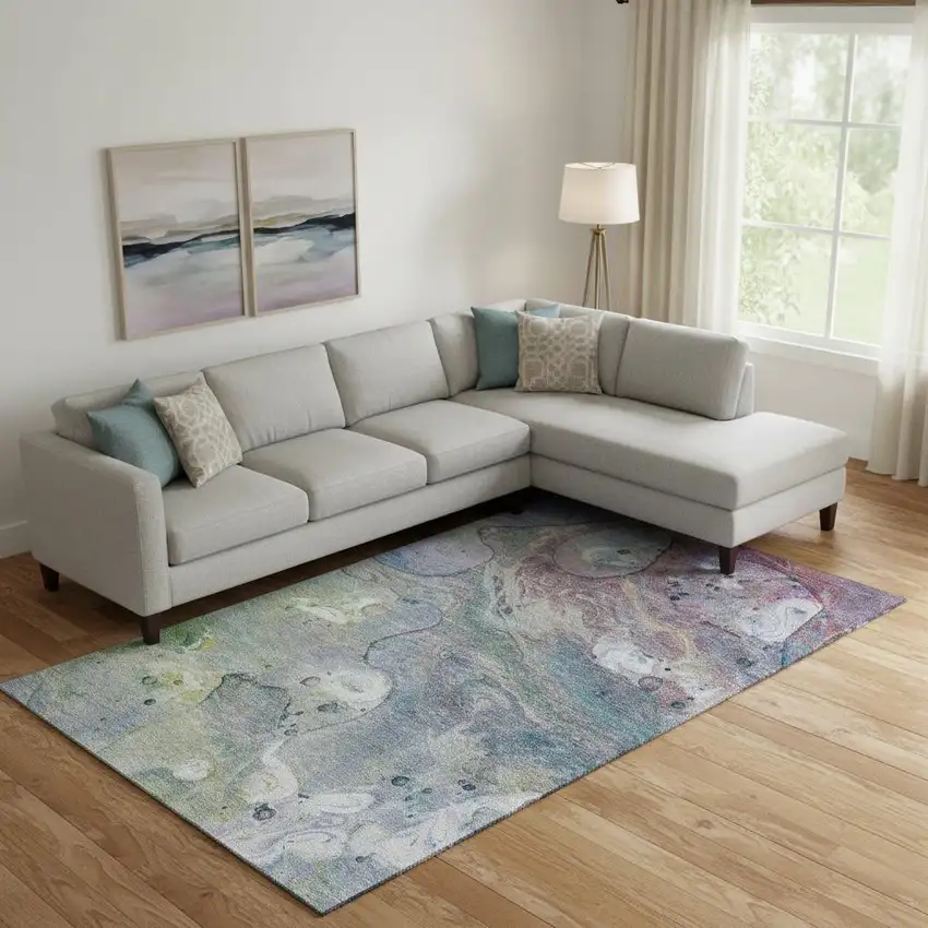 Blue Purple And Green Abstract Washable Area Rug With UV Protection Photo 2