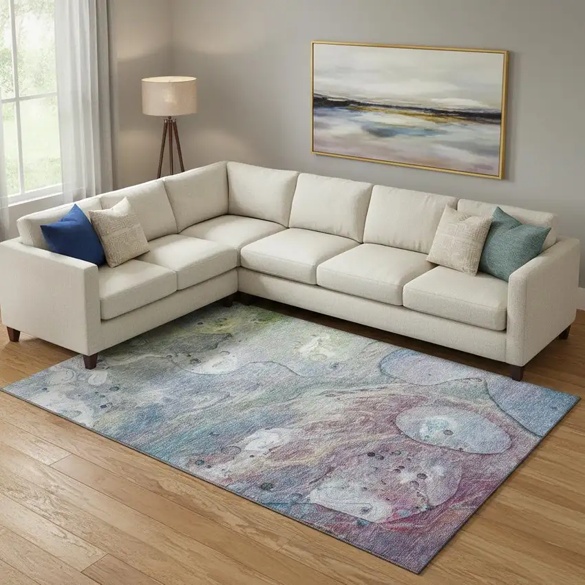 Blue Purple And Green Abstract Washable Area Rug With UV Protection Photo 2