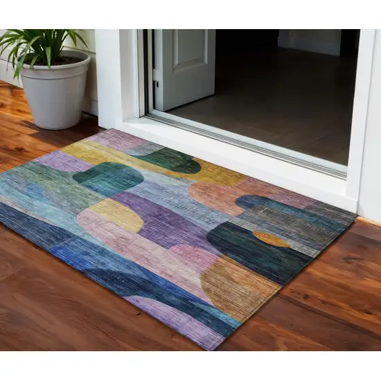 Blue Purple And Green Abstract Washable Indoor Outdoor Area Rug Photo 1
