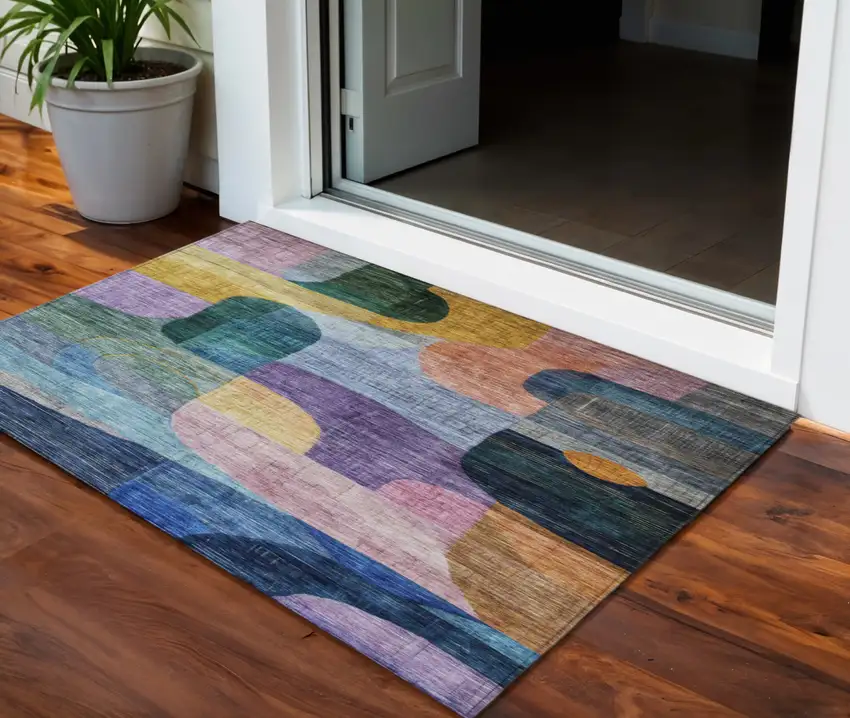 Blue Purple And Green Abstract Washable Indoor Outdoor Area Rug Photo 1