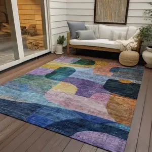 Photo of Blue Purple And Green Abstract Washable Indoor Outdoor Area Rug