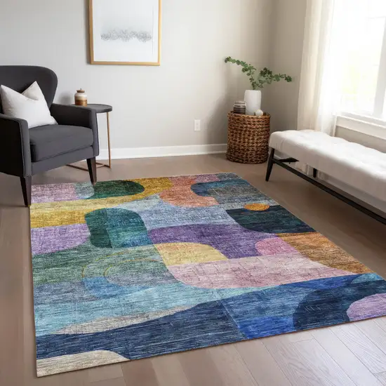 Blue Purple And Green Abstract Washable Indoor Outdoor Area Rug Photo 9