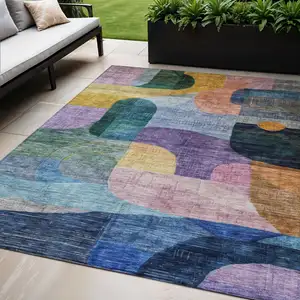 Photo of Blue Purple And Green Abstract Washable Indoor Outdoor Area Rug