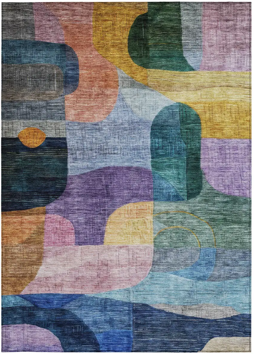 Blue Purple And Green Abstract Washable Indoor Outdoor Area Rug Photo 7