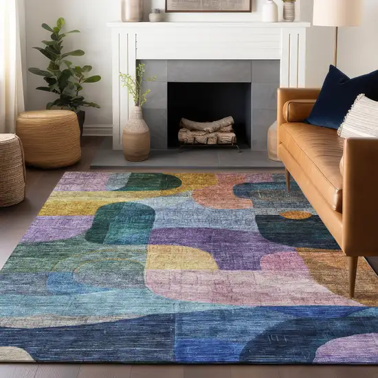 Blue Purple And Green Abstract Washable Indoor Outdoor Area Rug Photo 9