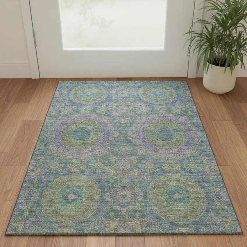 Blue Purple And Green Medallion Washable Area Rug With UV Protection Photo 2