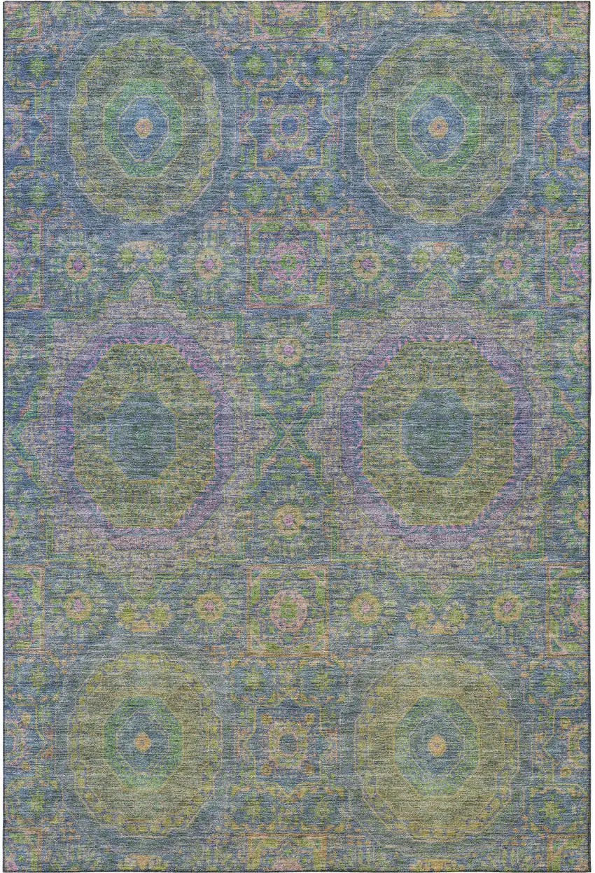 Blue Purple And Green Medallion Washable Area Rug With UV Protection Photo 4