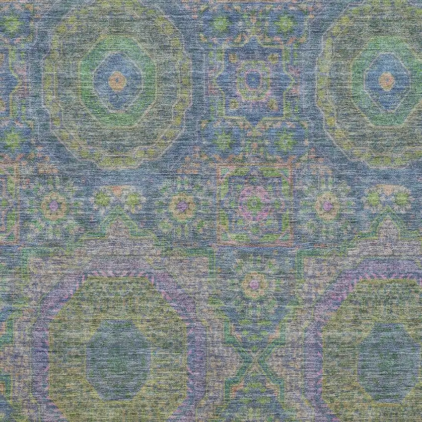 Blue Purple And Green Medallion Washable Area Rug With UV Protection Photo 3