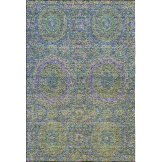 Blue Purple And Green Medallion Washable Area Rug With UV Protection Photo 4