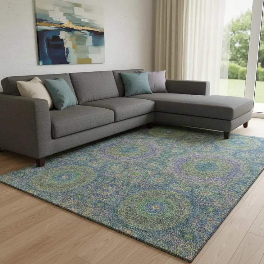 Blue Purple And Green Medallion Washable Area Rug With UV Protection Photo 2