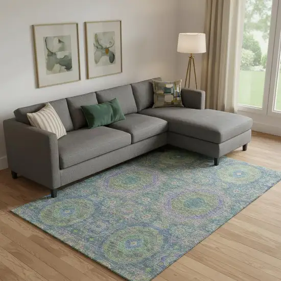 Blue Purple And Green Medallion Washable Area Rug With UV Protection Photo 2