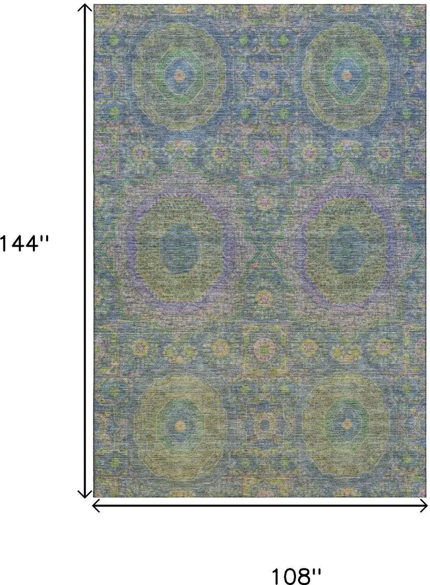 Blue Purple And Green Medallion Washable Area Rug With UV Protection Photo 9