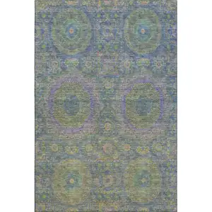 Photo of Blue Purple And Green Medallion Washable Area Rug With UV Protection