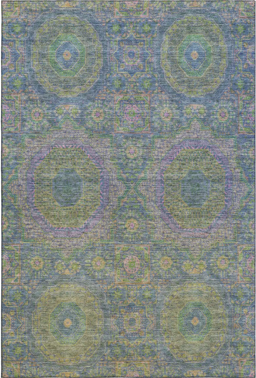 Blue Purple And Green Medallion Washable Area Rug With UV Protection Photo 1