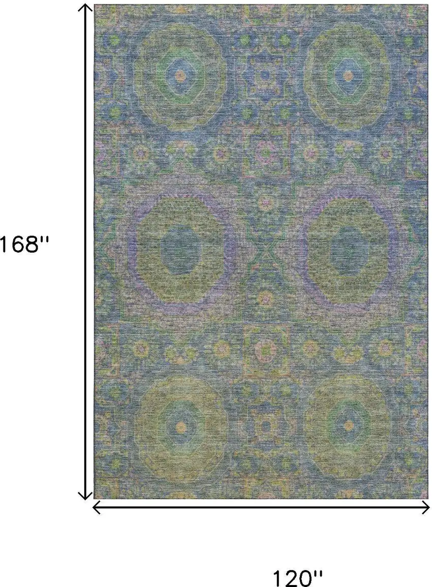 Blue Purple And Green Medallion Washable Area Rug With UV Protection Photo 9