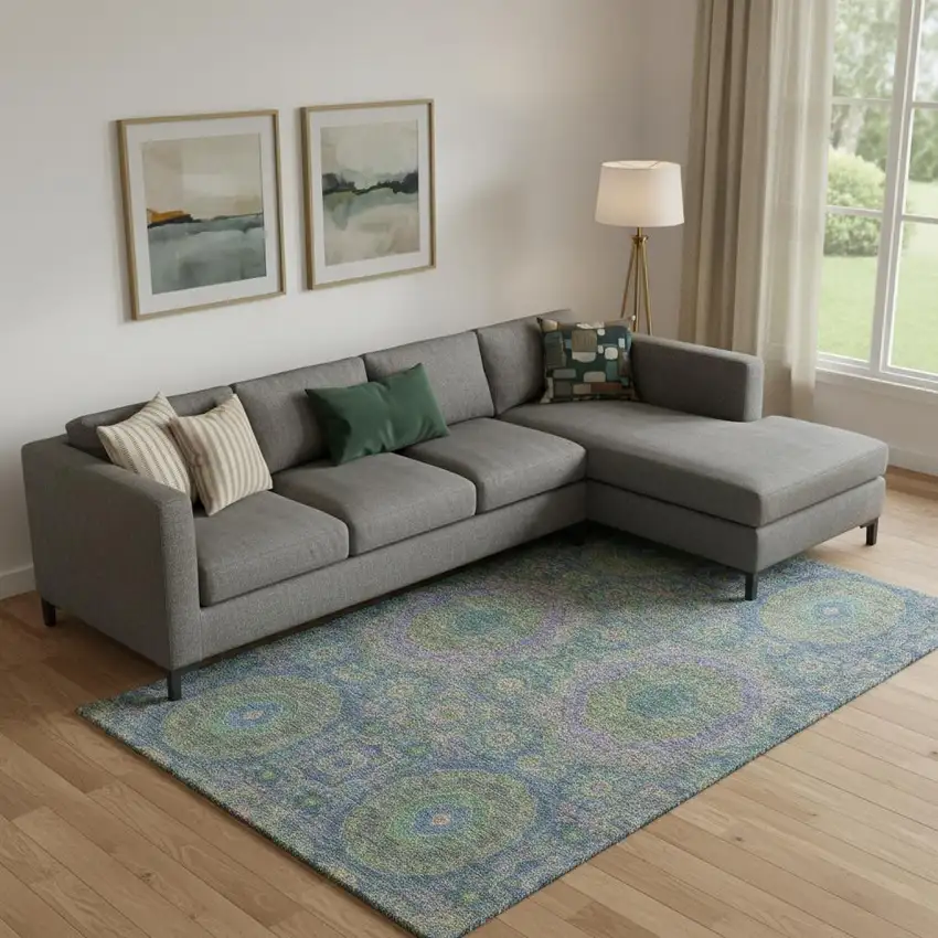 Blue Purple And Green Medallion Washable Area Rug With UV Protection Photo 2