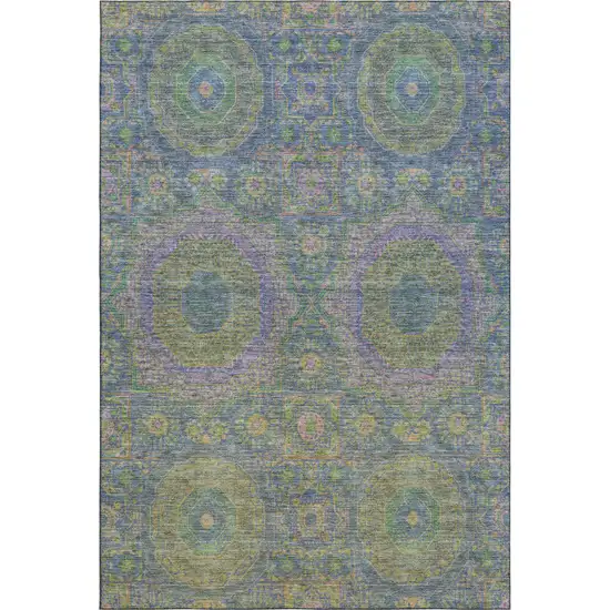 Blue Purple And Green Medallion Washable Area Rug With UV Protection Photo 1