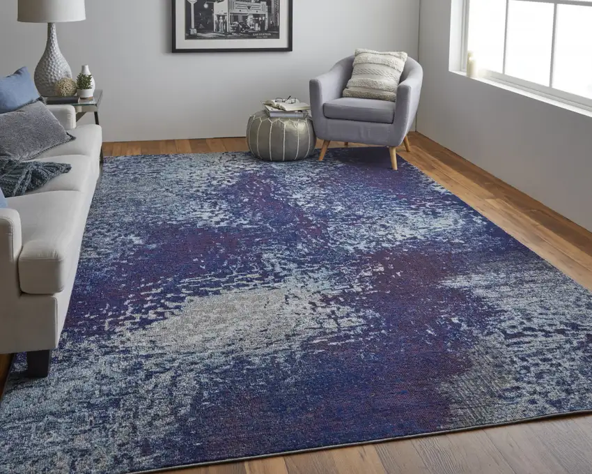 Blue Purple And Ivory Abstract Power Loom Stain Resistant Area Rug Photo 7