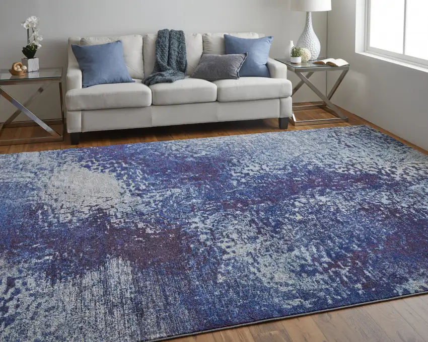 Blue Purple And Ivory Abstract Power Loom Stain Resistant Area Rug Photo 8