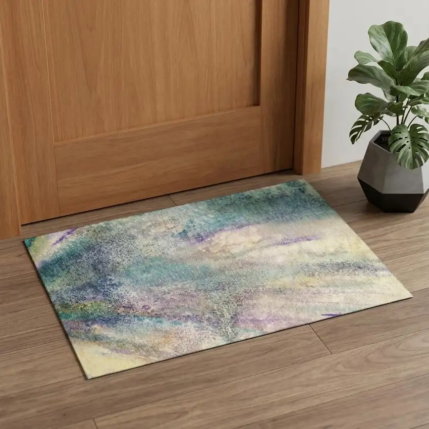 Blue Purple And Ivory Abstract Washable Area Rug With UV Protection Photo 1