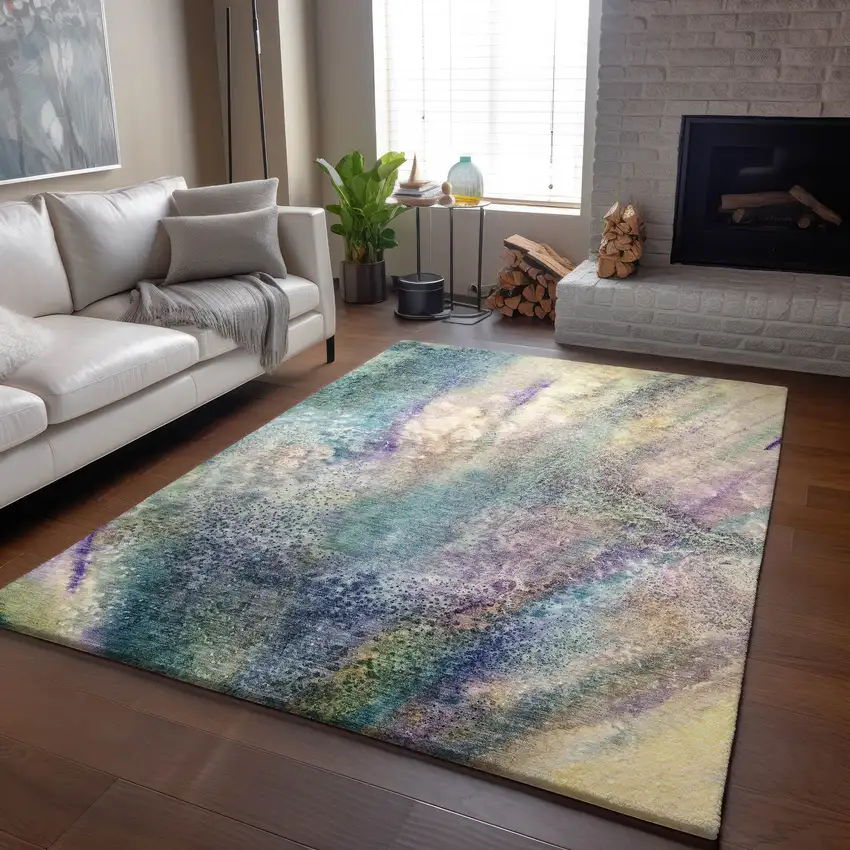 Blue Purple And Ivory Abstract Washable Area Rug With UV Protection Photo 6