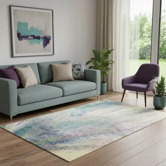 Blue Purple And Ivory Abstract Washable Area Rug With UV Protection Photo 1