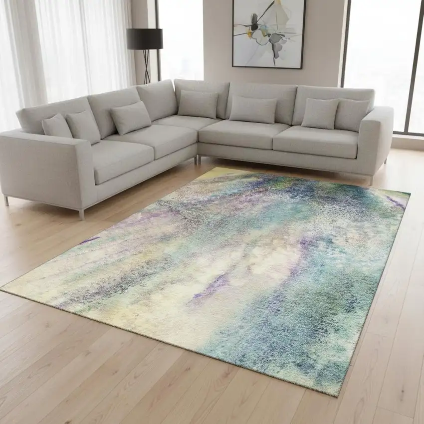 Blue Purple And Ivory Abstract Washable Area Rug With UV Protection Photo 1
