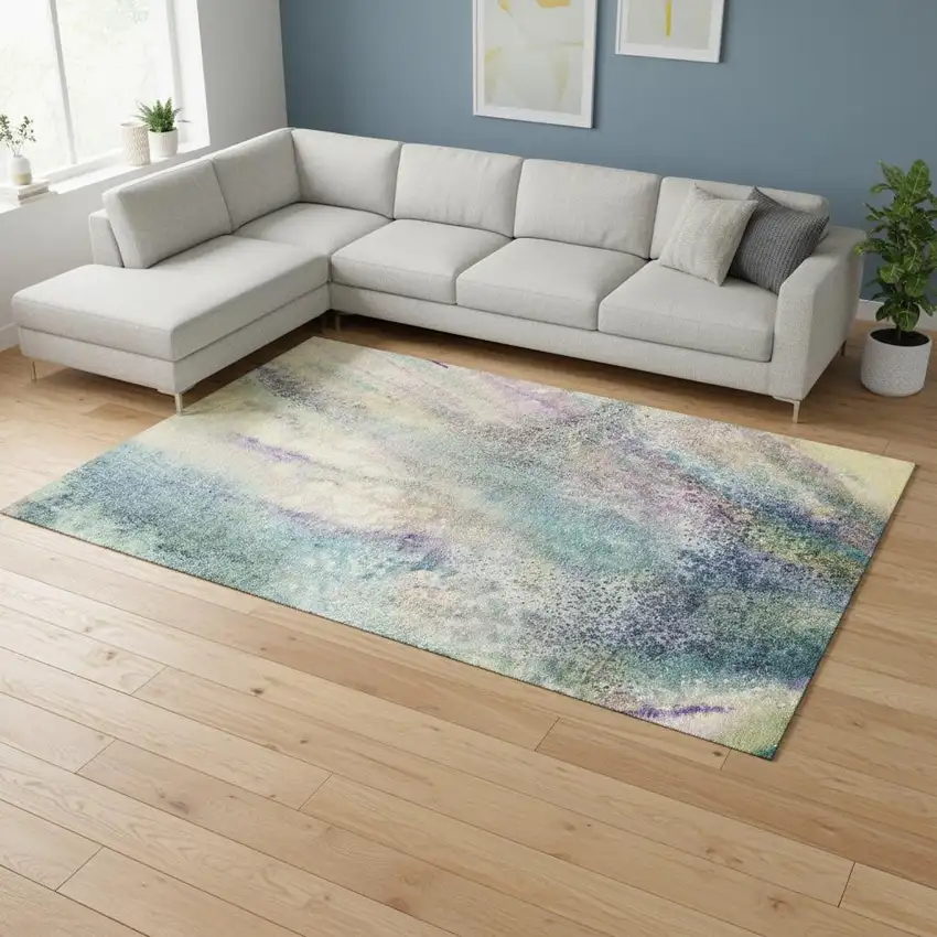 Blue Purple And Ivory Abstract Washable Area Rug With UV Protection Photo 1