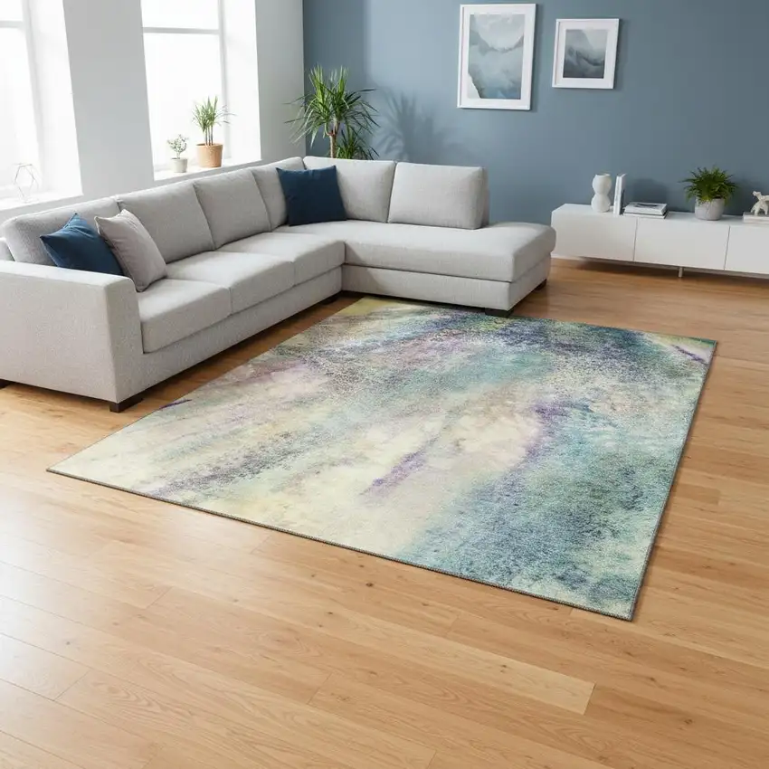 Blue Purple And Ivory Abstract Washable Area Rug With UV Protection Photo 2