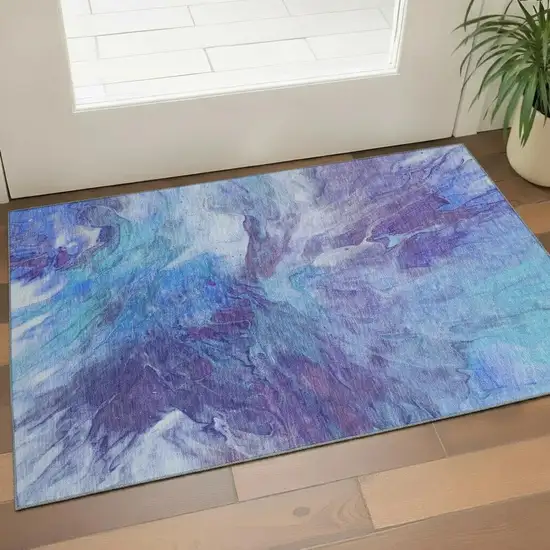 Blue Purple And Ivory Abstract Washable Area Rug With UV Protection Photo 2