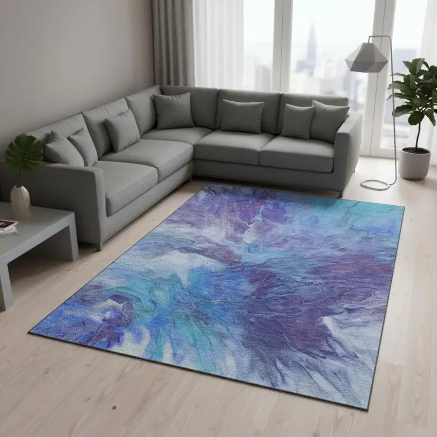 Blue Purple And Ivory Abstract Washable Area Rug With UV Protection Photo 2