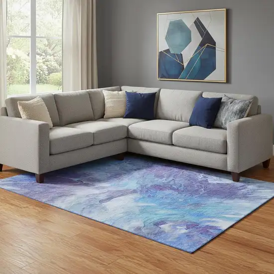 Blue Purple And Ivory Abstract Washable Area Rug With UV Protection Photo 1