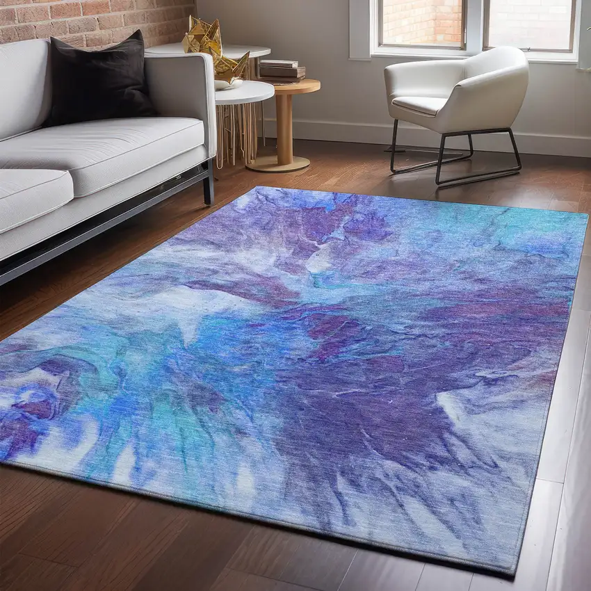 Blue Purple And Ivory Abstract Washable Area Rug With UV Protection Photo 3