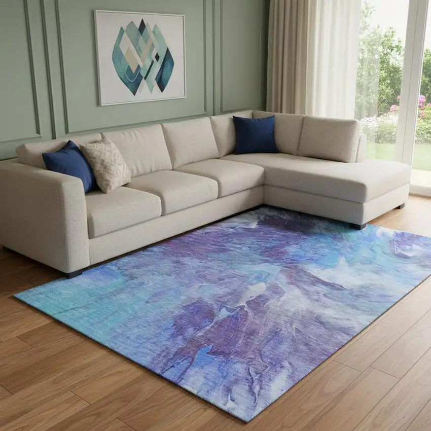 Blue Purple And Ivory Abstract Washable Area Rug With UV Protection Photo 1