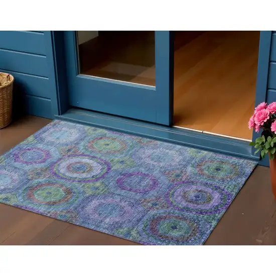 Blue Purple And Lime Green Geometric Washable Indoor Outdoor Area Rug Photo 2