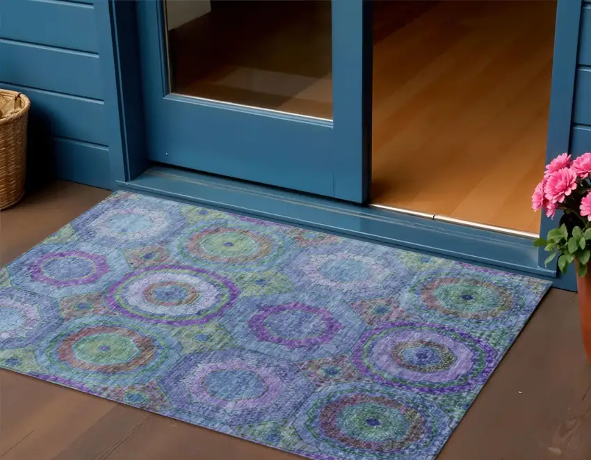 Blue Purple And Lime Green Geometric Washable Indoor Outdoor Area Rug Photo 2